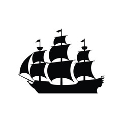 Silhouette of a majestic three masted sailing ship against a white background