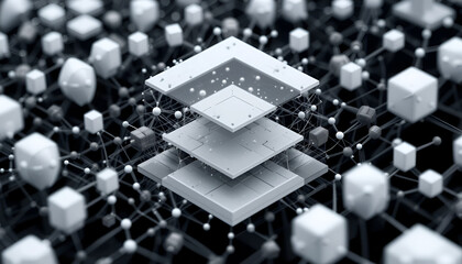 Abstract geometric network with layered square shapes on a dark background
