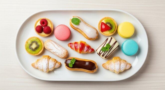A platter of exquisite miniature pastries showcases various sweet treats, including tarts, eclairs, croissants, and macarons, artfully arranged - Powered by Adobe