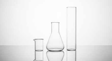 Three clean, transparent glass laboratory beakers, a flask, and a tube of varying sizes are arranged on a reflective surface against a white background