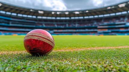 Cricket ball poised over lush green field, awaiting the batsman s perfect swing in the stadium.