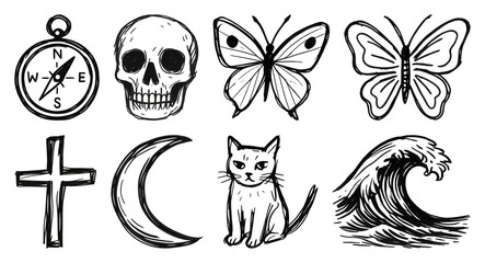 Vintage tattoo-style icon collection.