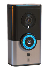 Obraz premium Two-lens security device in black and silver with blue light details