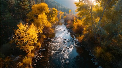 A narrow river winding through golden autumn trees with leaves drifting gently on the current