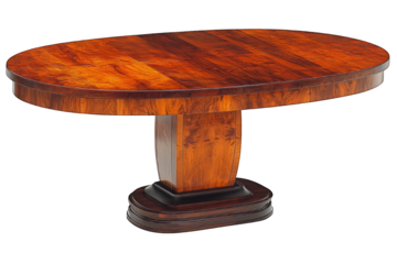 Varnished oval wood table with pedestal base, polished dark finish, isolated