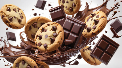 Chocolate Chip Cookies and Chocolate Bars Falling into Melted Chocolate Splash food