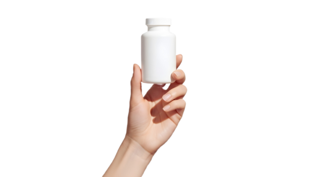 Hand holding a white plastic bottle on transparent background