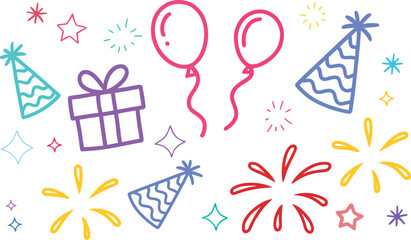 Hand drawn doodle style birthday party elements including balloons gift boxes party hats and fireworks on white background
