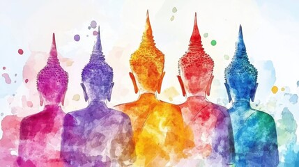 Colorful buddha silhouettes in watercolor style, Lao: End of Buddhist Lent Day