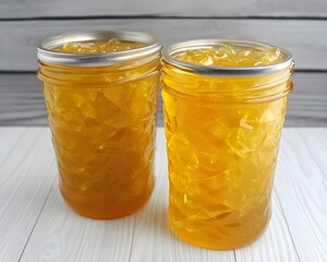 Two Jars of homemade orange marmalade on rustic white wooden surface.