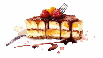 National Boston Cream Pie Day. Delicious cheesecake slice with chocolate drizzle and fresh berries on white background