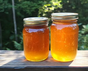 Two jars of golden honey on wooden table against lush green background