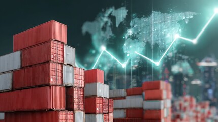 Global shipping growth concept with stacked cargo containers and digital graph overlay