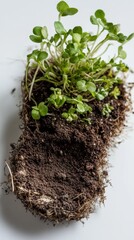 Fototapeta premium Fresh green plant in soil on white background highlighting growth and nature