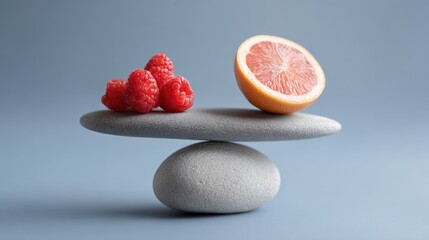 Harmony of raspberries and grapefruit on balanced stones against a soft blue background