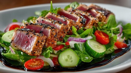 Fresh seared tuna salad with mixed greens, cherry tomatoes, and cucumbers