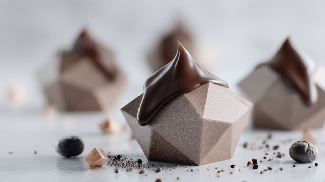 Geometric chocolate desserts with glossy topping on textured surface