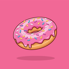 A delicious pink frosted donut with colorful sprinkles