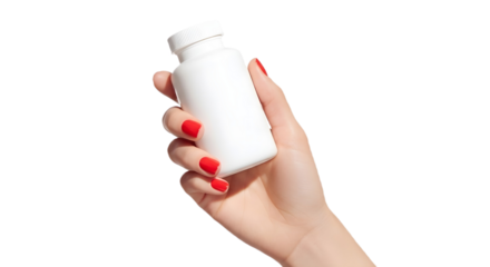 Woman's hand holding a white plastic bottle with red nails on transparent background