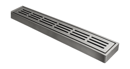 Extra-wide linear drain for spacious walk-in showers in contemporary homes.