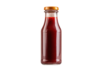 Glass bottle of fresh red berry juice isolated on white.