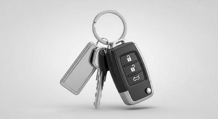 A set of car keys with a ring and rectangular tag is presented against a plain, neutral background
