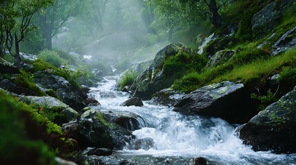 A mountain stream rushing over jagged rocks with mist rising and moss growing on nearby stones