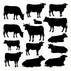 Black vector silhouette outline of farm animals including cows, calf, and bull