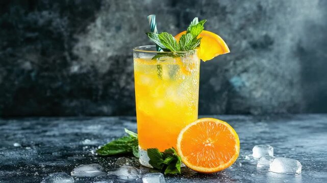 Refreshing orange drink with mint leaves and ice on dark background