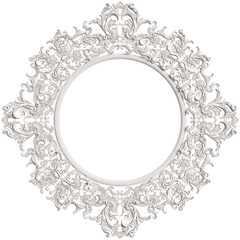 Classic white round frame with ornament decor isolated on white background