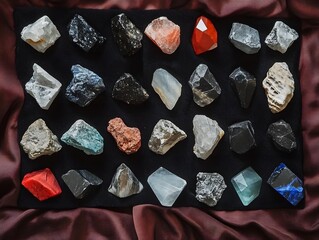 Vibrant Collection of Raw Gemstones and Crystals on Dark Fabric