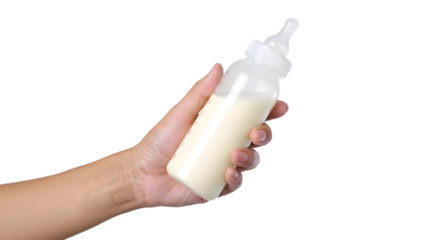 Hand holding a baby bottle filled with milk on transparent background