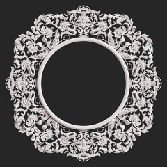 Classic white round frame with ornament decor isolated on dark grey background