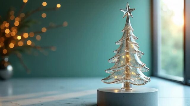 Elegant glass christmas tree lamp with star and warm micro lights on round base, on teal interior background with golden bokeh and window glow, tabletop closeup, cozy festive holiday atmosphere