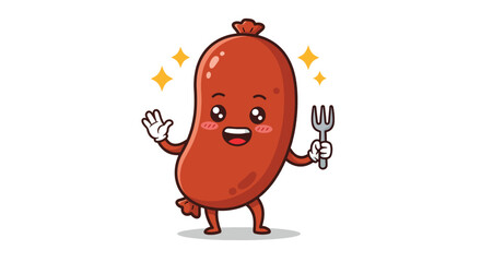 Adorable cartoon sausage character waving and holding a fork.