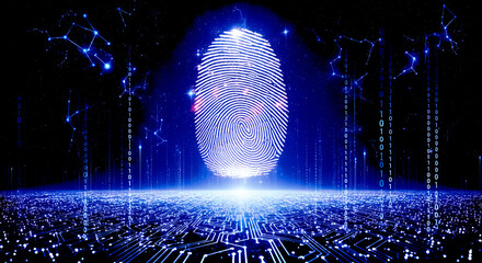 Futuristic glowing fingerprint scanner with blue holographic effects. Represents cybersecurity, identity verification, and technology.