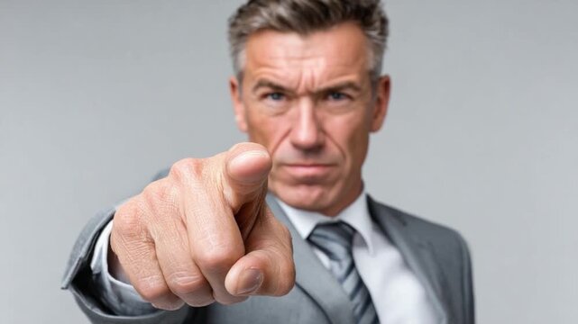 Focused Directive: A determined individual points directly at the camera, commanding attention with a focused gaze. The image conveys a message of intent and focus.
