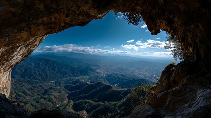 A panoramic view from inside a mountain cave looking out toward a sprawling valley below