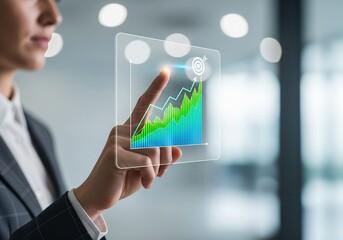 Businesswoman interacting with virtual financial graph in modern office environment