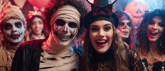 Fototapeta premium Monsters' masquerade: a night of fantastical and creepy conviviality. Copy space. A spindly mummy takes center stage amidst lively monsters in costumed parade. Clean layout. Print ready.