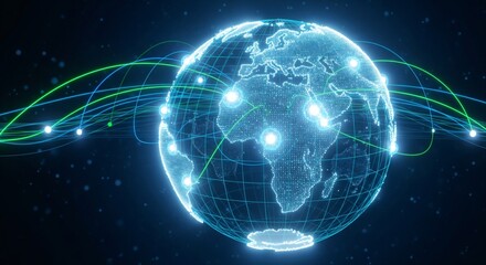 Digital glowing globe with interconnected network lines on a dark background illustrating global communication and data transfer.