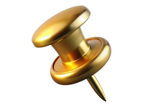 Reflective Golden Push Pin Angled Upward on a Transparent Background