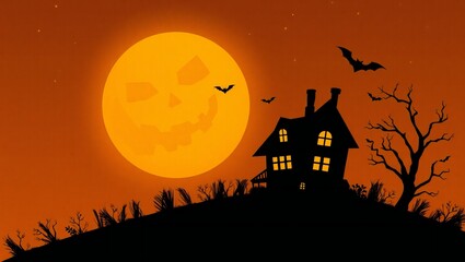 Spooky haunted house silhouette on a hill under a large full moon