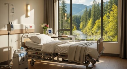 Sunny hospital room empty bed, river view through a large window, and IV drip setup