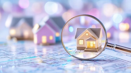 Home Inspection: A magnifying glass focuses on a miniature house, suggesting a thorough examination or the meticulous search for the perfect property. This image conveys concepts of real estate.