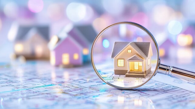 Home Inspection: A magnifying glass focuses on a miniature house, suggesting a thorough examination or the meticulous search for the perfect property. This image conveys concepts of real estate.