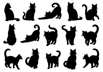 Set of black cat silhouettes, vector illustration of cute domestic animals collection