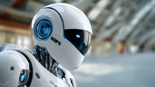 Futuristic Robot Head: A close-up portrait of a sleek, modern robot head with glowing blue eyes, hinting at advanced technology and artificial intelligence.
