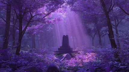 Mysterious Platform in Purple Forest with Light Beam