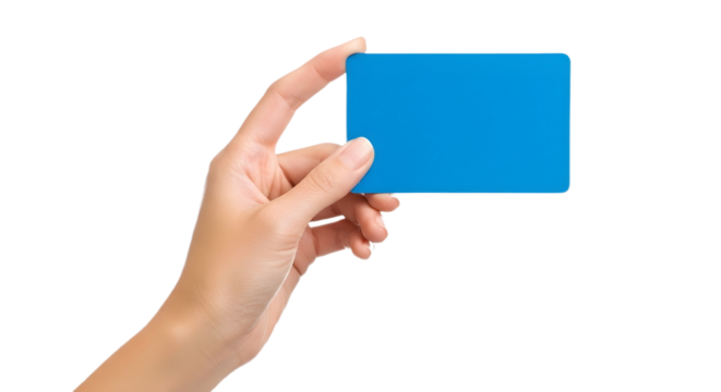 A hand holding a blue card against a white background view on transparent background